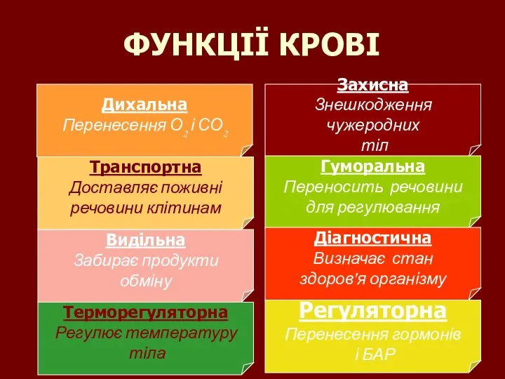 ФУНКЦІЇ КРОВІ Дихальна Перенесення О2 і СО2 Транспортна Доставляє поживні речовини клітинам