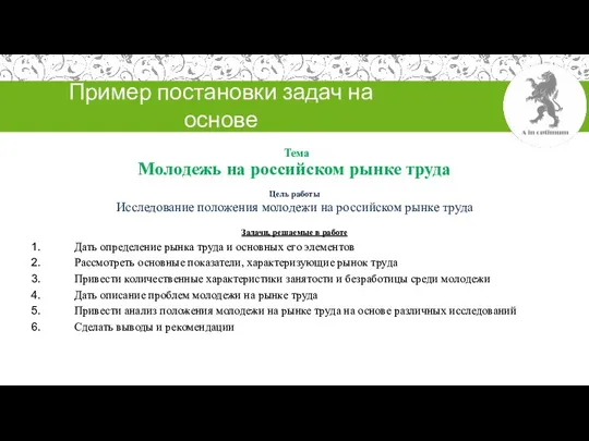 Пример постановки задач на основе выделенных единиц темы Тема Молодежь на российском