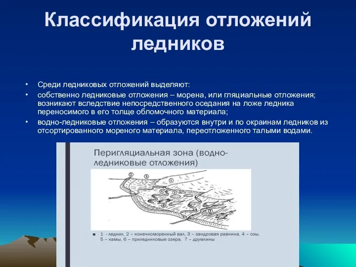 Классификация отложений ледников Среди ледниковых отложений выделяют: собственно ледниковые отложения – морена,