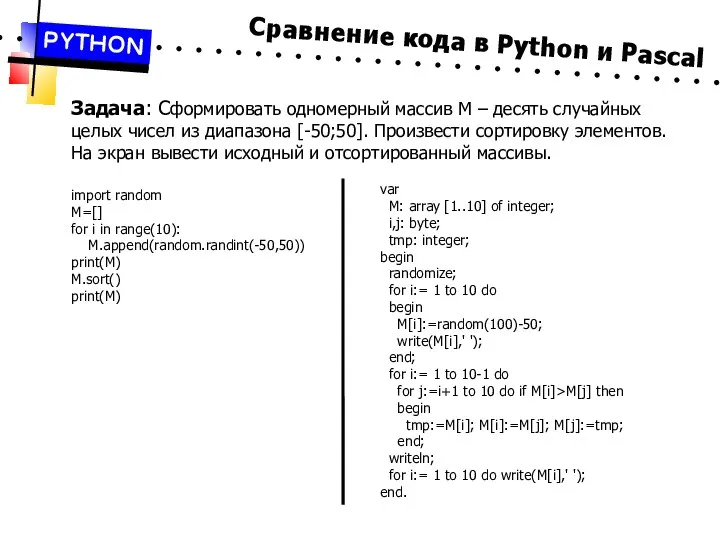 Сравнение кода в Python и Pascal PYTHON Задача: Сформировать одномерный массив M