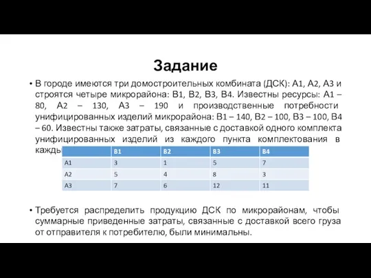 Задание В городе имеются три домостроительных комбината (ДСК): А1, А2, А3 и