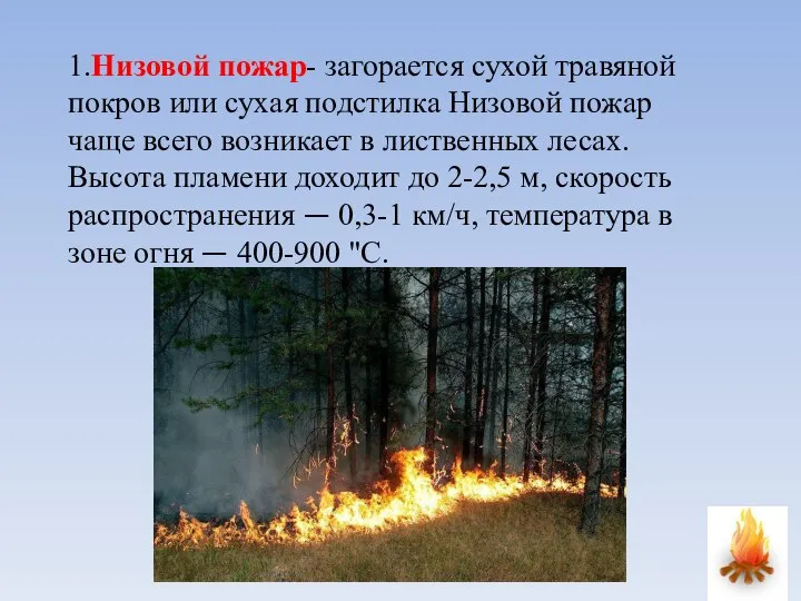 1.Низовой пожар- загорается сухой травяной покров или сухая подстилка Низовой пожар чаще