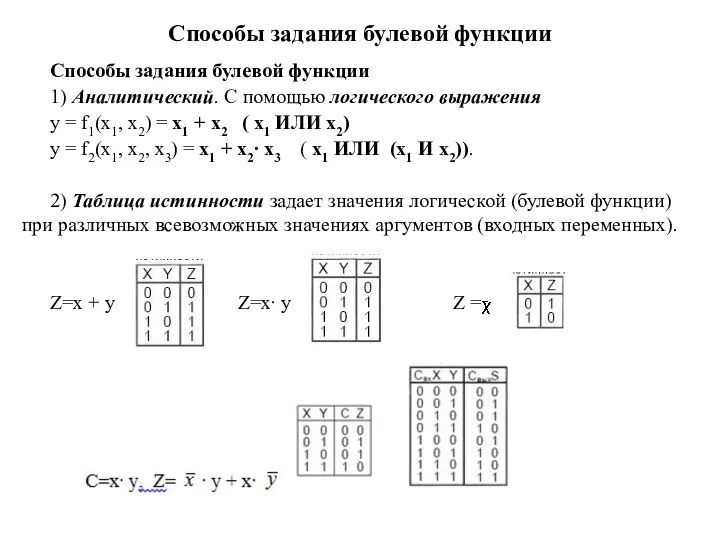 Способы задания булевой функции Способы задания булевой функции 1) Аналитический. С помощью