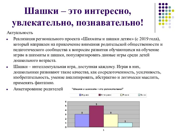 Актуальность Реализация регионального проекта «Шахматы и шашки детям» (с 2019 года), который