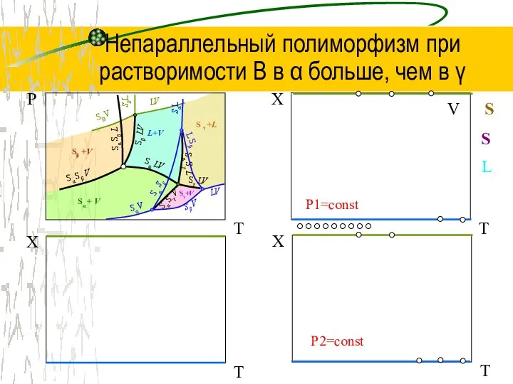 Непараллельный полиморфизм при растворимости В в α больше, чем в γ Р