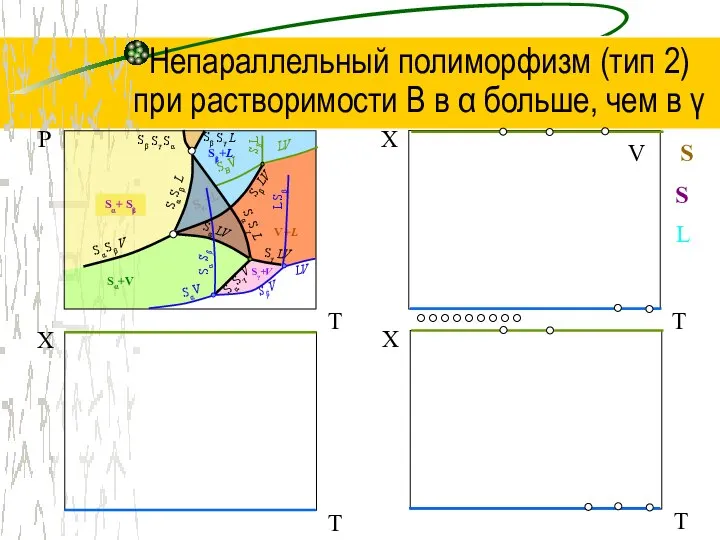 Непараллельный полиморфизм (тип 2) при растворимости В в α больше, чем в