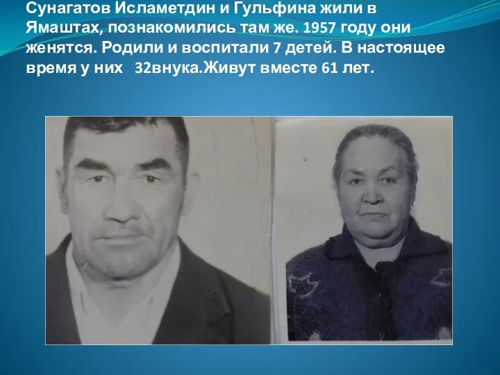 Сунагатов Исламетдин и Гульфина жили в Ямаштах, познакомились там же. 1957 году