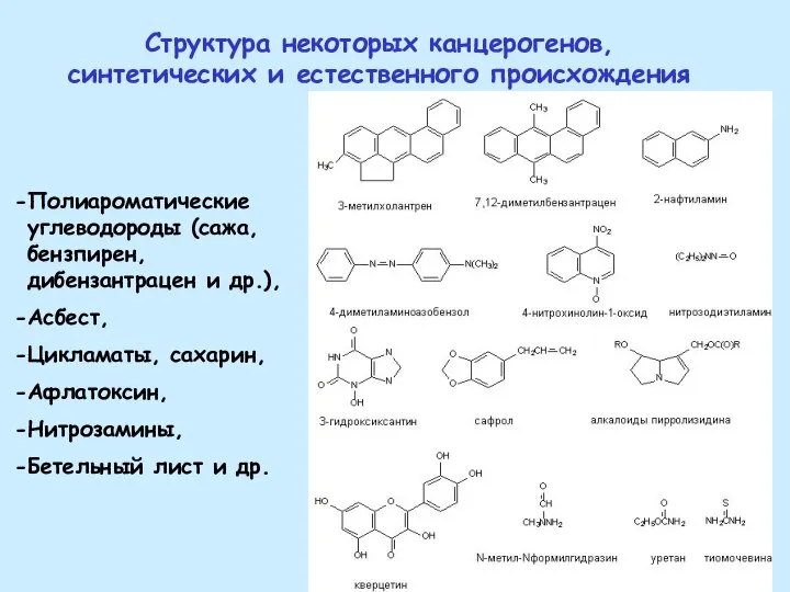 Полиароматические углеводороды (сажа, бензпирен, дибензантрацен и др.), Асбест, Цикламаты, сахарин, Афлатоксин, Нитрозамины,