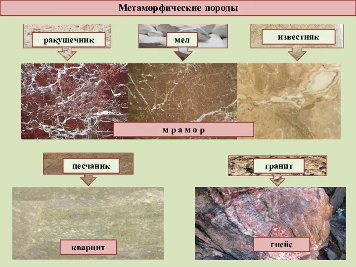 Метаморфические породы ракушечник мел известняк песчаник гранит м р а м о р гнейс кварцит