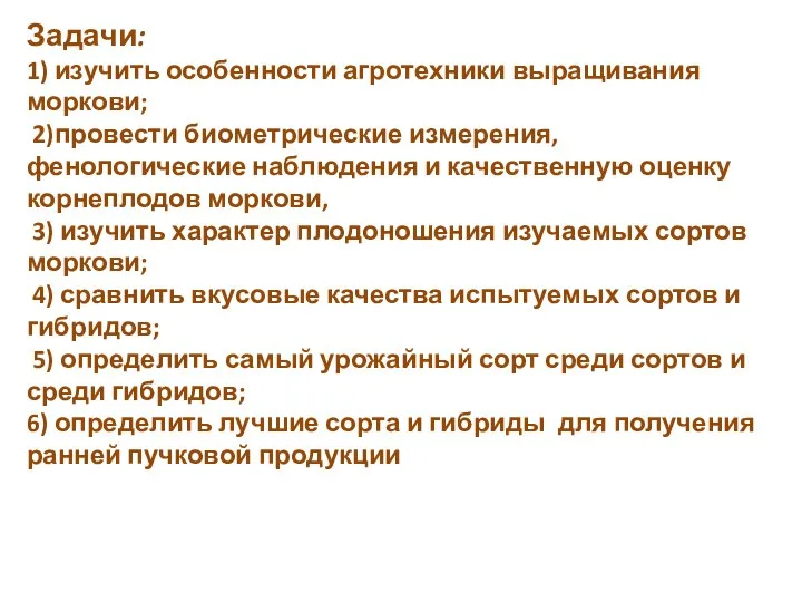 Задачи: 1) изучить особенности агротехники выращивания моркови; 2)провести биометрические измерения, фенологические наблюдения