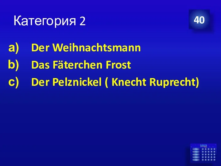 Категория 2 Der Weihnachtsmann Das Fäterchen Frost Der Pelznickel ( Knecht Ruprecht) 40