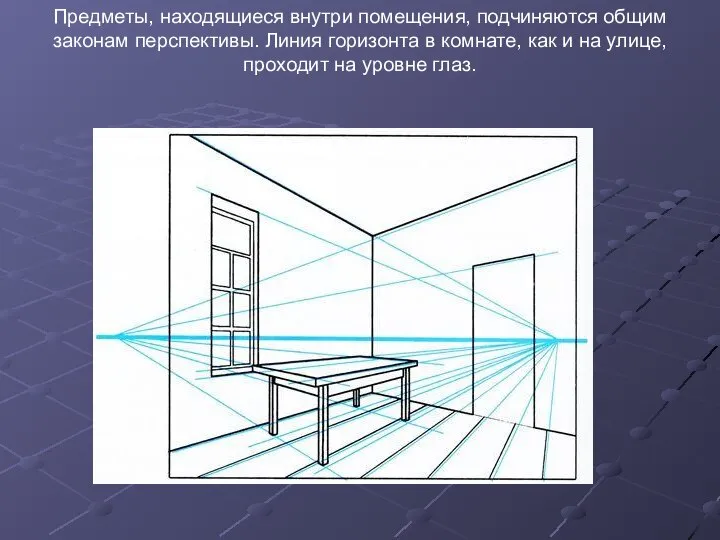 Предметы, находящиеся внутри помещения, подчиняются общим законам перспективы. Линия горизонта в комнате,