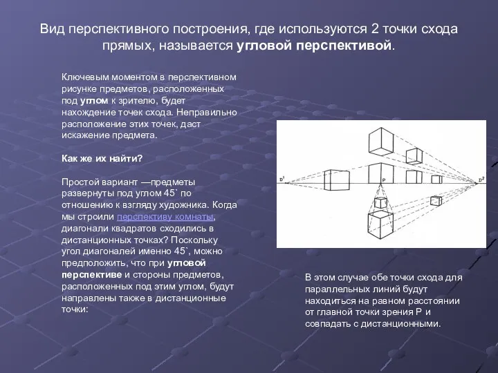 Вид перспективного построения, где используются 2 точки схода прямых, называется угловой перспективой.