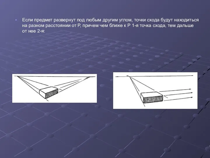Если предмет развернут под любым другим углом, точки схода будут находиться на