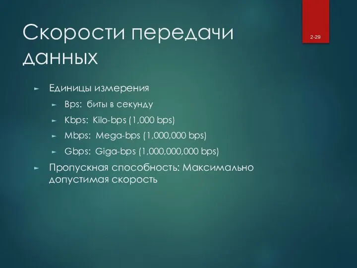 Скорости передачи данных Единицы измерения Bps: биты в секунду Kbps: Kilo-bps (1,000