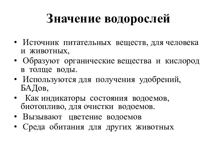 Значение водорослей Источник питательных веществ, для человека и животных, Образуют органические вещества