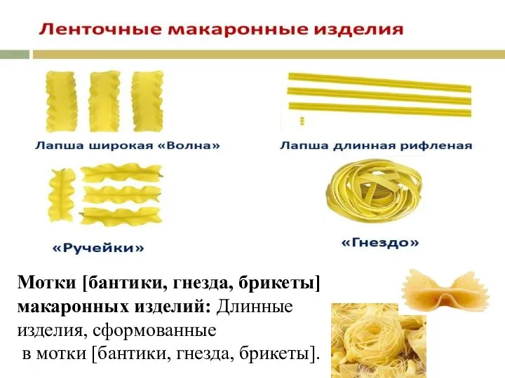 Мотки [бантики, гнезда, брикеты] макаронных изделий: Длинные изделия, сформованные в мотки [бантики, гнезда, брикеты].