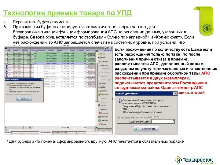 Технология приемки товара по УПД Пересчитать буфер документа При закрытии буфера активируется