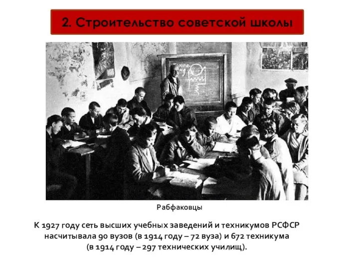 2. Строительство советской школы Рабфаковцы К 1927 году сеть высших учебных заведений