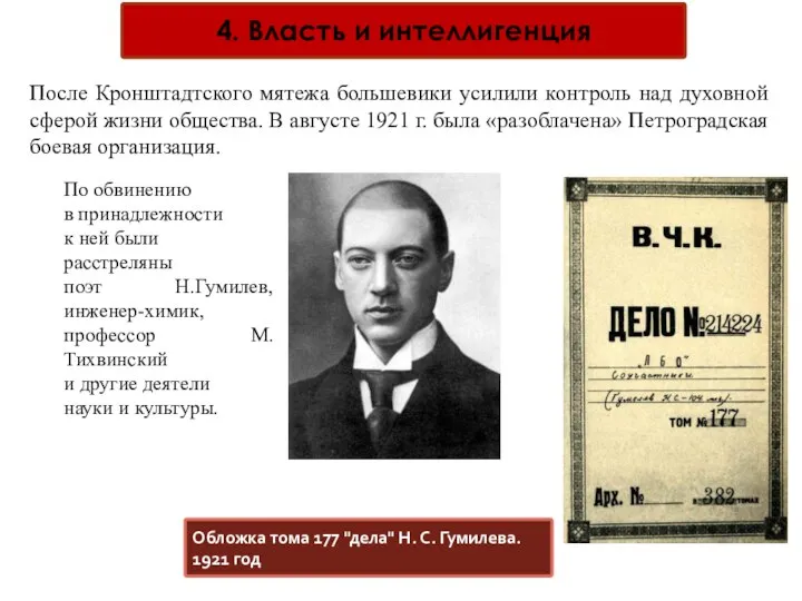 4. Власть и интеллигенция После Кронштадтского мятежа большевики усилили контроль над духовной