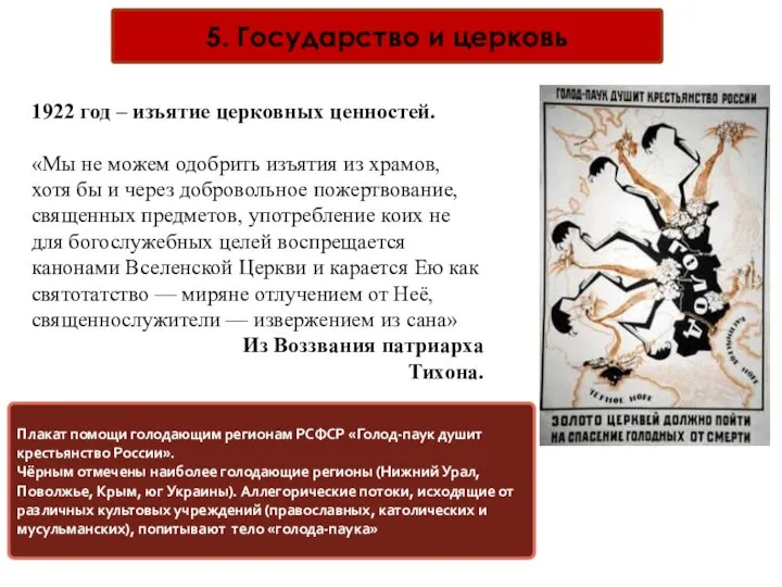 5. Государство и церковь 1922 год – изъятие церковных ценностей. «Мы не