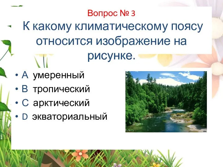 Вопрос № 3 К какому климатическому поясу относится изображение на рисунке. А