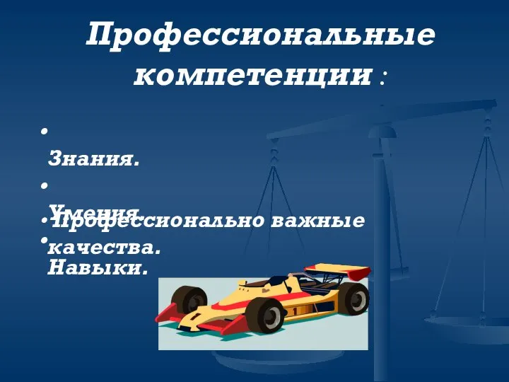 Профессиональные компетенции : Знания. Умения. Навыки. Профессионально важные качества.