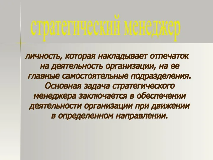 личность, которая накладывает отпечаток на деятельность организации, на ее главные самостоятельные подразделения.