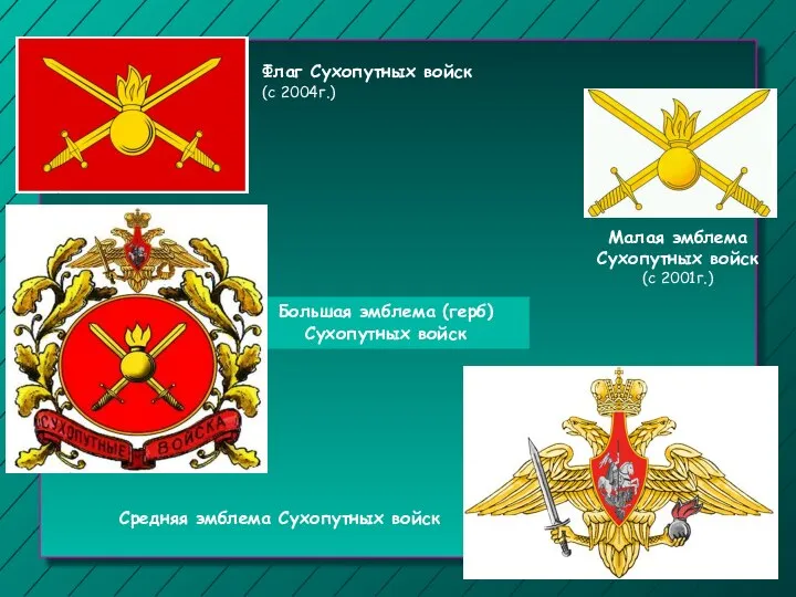 Большая эмблема (герб) Сухопутных войск Флаг Сухопутных войск (с 2004г.) Малая эмблема