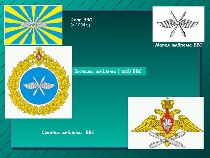 Флаг ВВС (с 2004г.) Малая эмблема ВВС Средняя эмблема ВВС Большая эмблема (герб) ВВС