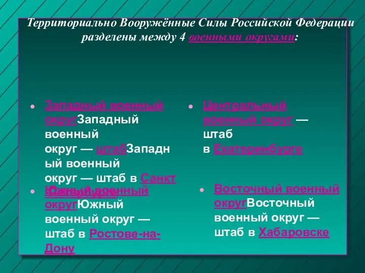 Территориально Вооружённые Силы Российской Федерации разделены между 4 военными округами: Западный военный