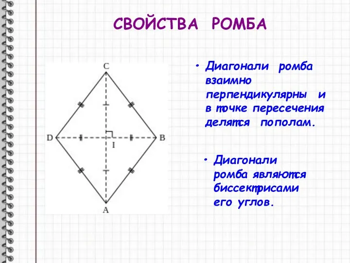 СВОЙСТВА РОМБА Диагонали ромба взаимно перпендикулярны и в точке пересечения делятся пополам.