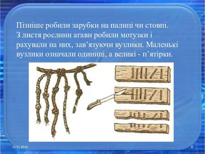 18.01.2016 Пізніше робили зарубки на палиці чи стовпі. З листя рослини агави