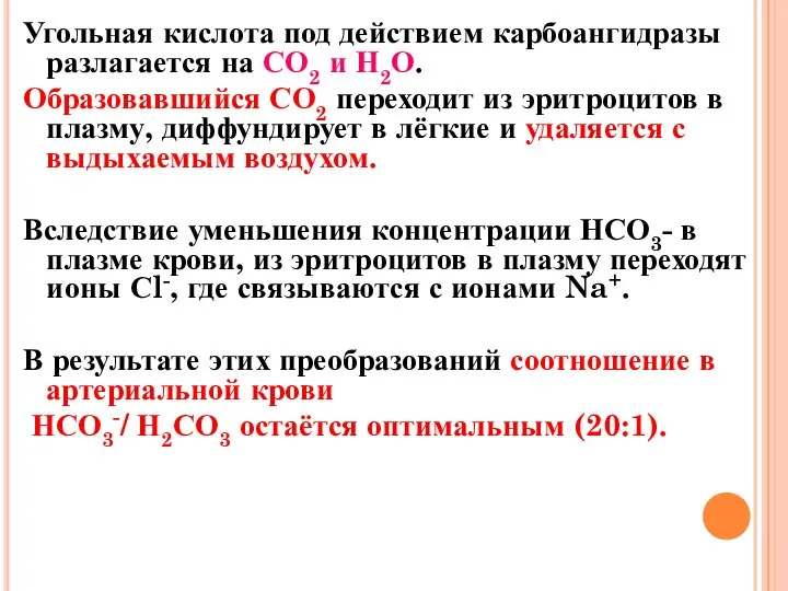 Угольная кислота под действием карбоангидразы разлагается на СО2 и Н2О. Образовавшийся СО2