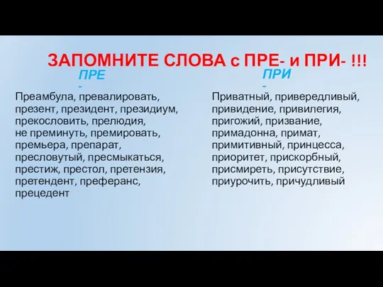 ЗАПОМНИТЕ СЛОВА с ПРЕ- и ПРИ- !!! Преамбула, превалировать, презент, президент, президиум,