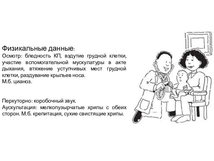 Физикальные данные: Осмотр: бледность КП, вздутие грудной клетки, участие вспомогательной мускулатуры в