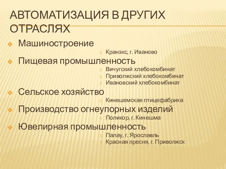 АВТОМАТИЗАЦИЯ В ДРУГИХ ОТРАСЛЯХ Машиностроение Кранэкс, г. Иваново Пищевая промышленность Вичугский хлебокомбинат