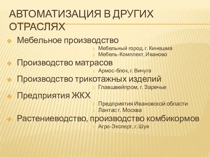 АВТОМАТИЗАЦИЯ В ДРУГИХ ОТРАСЛЯХ Мебельное производство Мебельный город, г. Кинешма Мебель-Комплект, Иваново