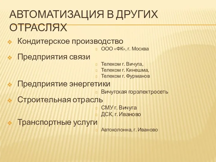 АВТОМАТИЗАЦИЯ В ДРУГИХ ОТРАСЛЯХ Кондитерское производство ООО «ФК», г. Москва Предприятия связи