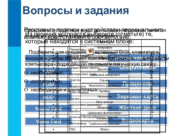 Вопросы и задания Установите соответствие: CPU RAM ROM HDD Sound Card Video