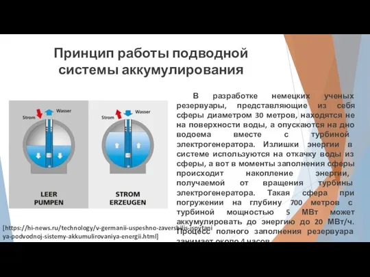 Принцип работы подводной системы аккумулирования В разработке немецких ученых резервуары, представляющие из