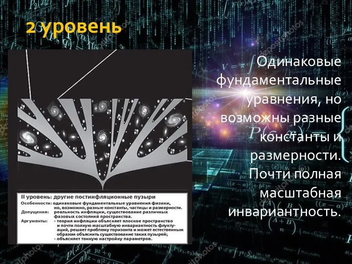 2 уровень Одинаковые фундаментальные уравнения, но возможны разные константы и размерности. Почти полная масштабная инвариантность.