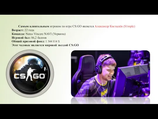 Самым влиятельным игроком по игре CS:GO является Александр Костылёв (S1mple) Возраст: 22