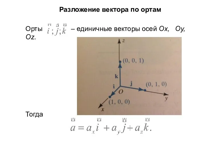Разложение вектора по ортам Орты – единичные векторы осей Ox, Oy, Oz. Тогда
