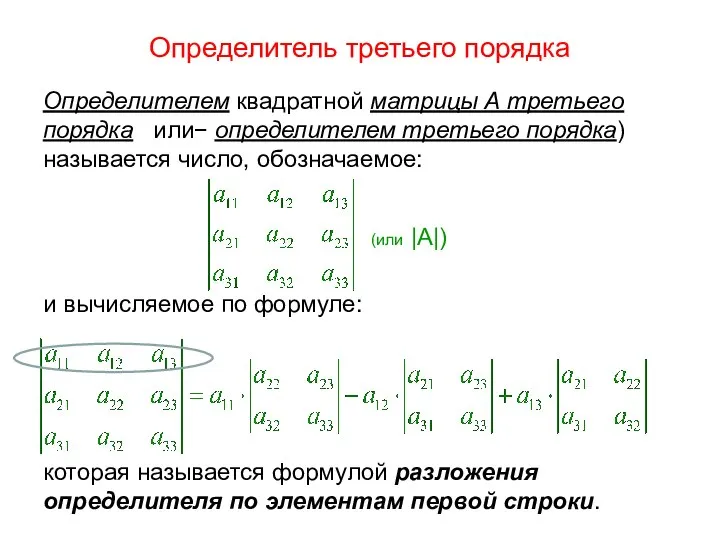 Определитель третьего порядка Определителем квадратной матрицы А третьего порядка или− определителем третьего