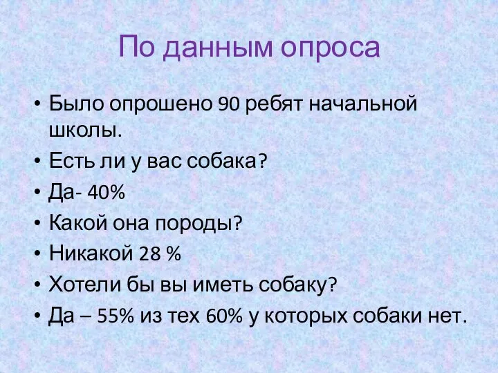 По данным опроса Было опрошено 90 ребят начальной школы. Есть ли у