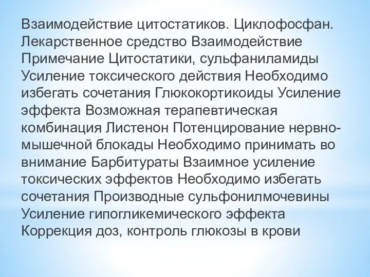 Взаимодействие цитостатиков. Циклофосфан. Лекарственное средство Взаимодействие Примечание Цитостатики, сульфаниламиды Усиление токсического действия