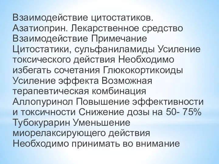 Взаимодействие цитостатиков. Азатиоприн. Лекарственное средство Взаимодействие Примечание Цитостатики, сульфаниламиды Усиление токсического действия