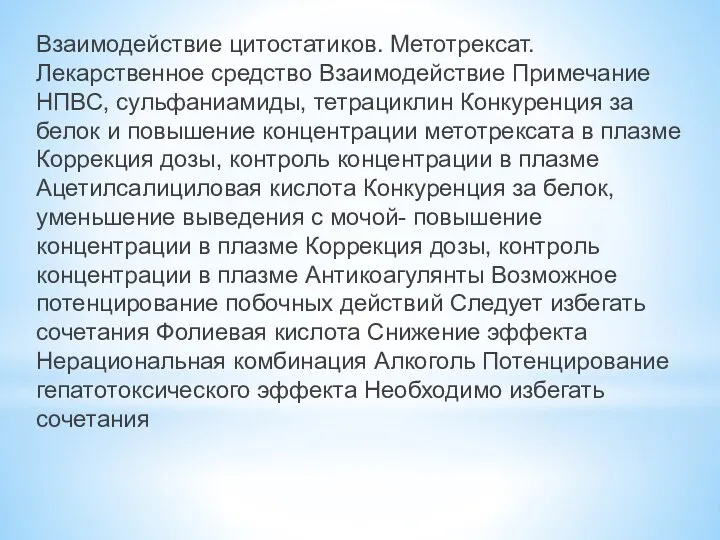 Взаимодействие цитостатиков. Метотрексат. Лекарственное средство Взаимодействие Примечание НПВС, сульфаниамиды, тетрациклин Конкуренция за