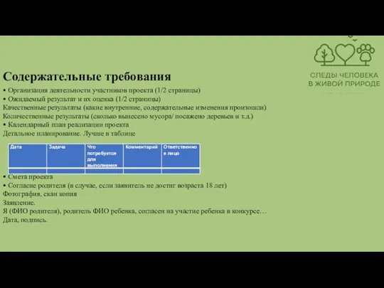 Содержательные требования • Организация деятельности участников проекта (1/2 страницы) • Ожидаемый результат